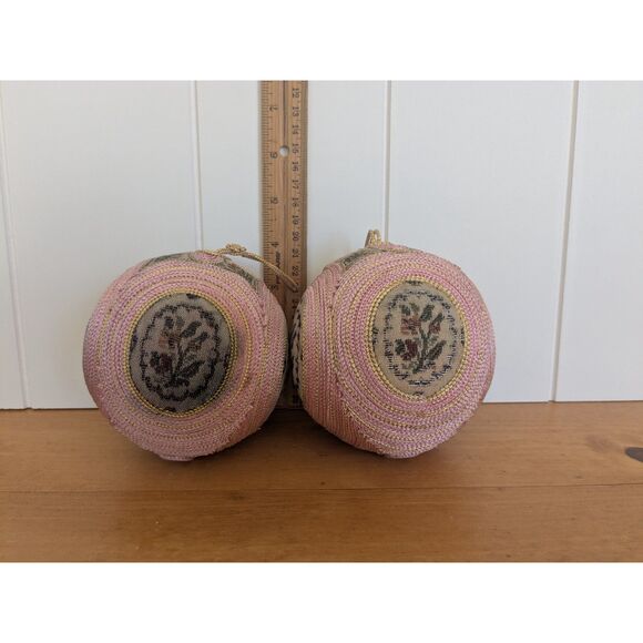 Vintage Embroidered Christmas Ball Ornaments - Needlepoint - Pink, Floral - Picture 1 of 6